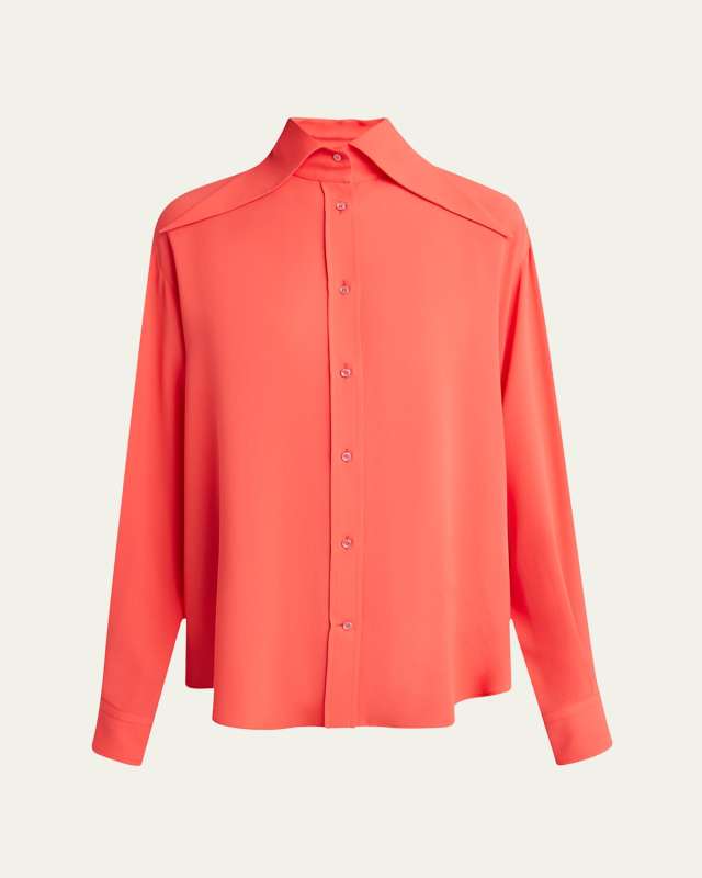Exaggerated Collar Semi Sheer Button-Down Blouse